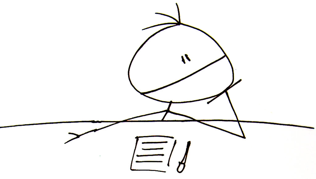 Illustration of person deliberating with pen and paper.